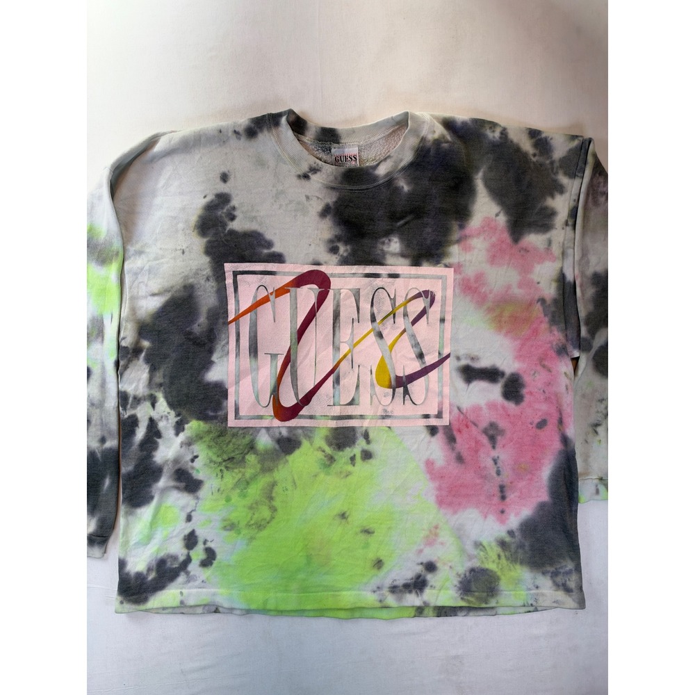 Vintage Guess Georges Marciano Tie Dye Sweatshirt Neon Pink Green Made in USA